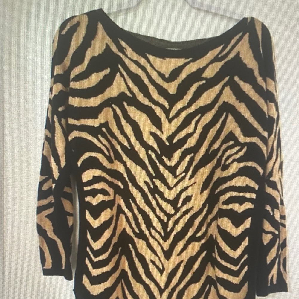 CAbi Black and Tan Zebra-Print Scoop Neck Sweater